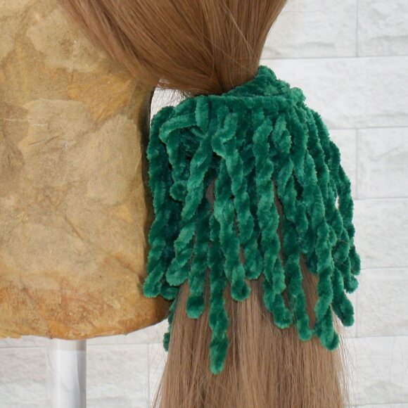 HAND CRAFTED Hair Scrunchie Fringe Crochet Kids Chenille Velvet Oversized Green - Picture 4 of 12